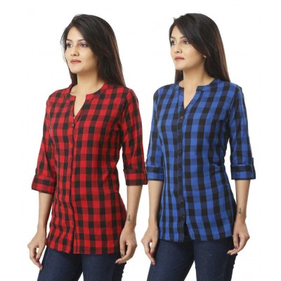 ASMANII COMBO PACK OF 2 BLUE RED COTTON CHECK SHIRTS JAIPUR