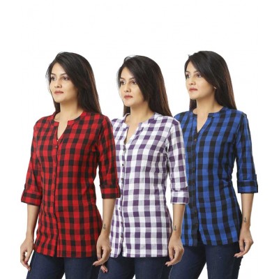 ASMANII COMBO PACK OF 3 RED PURPLE & BLUE COTTON CHECK SHIRTS JAIPUR
