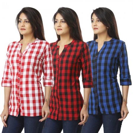 ASMANII COMBO PACK OF 3 PINK RED & BLUE COTTON CHECK SHIRTS JAIPUR