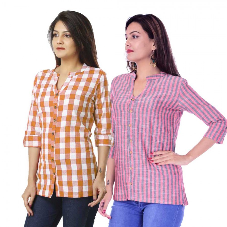 ASMANII COMBO PACK OF 2 BROWN CHECK & RED GREY STRIPED COTTON SHIRTS JAIPUR