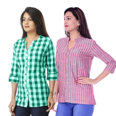 ASMANII COMBO PACK OF 2 GREEN CHECK & RED GREY STRIPED COTTON SHIRTS JAIPUR