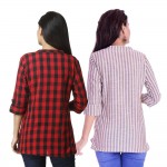 ASMANII COMBO PACK OF 2 RED CHECK & CREAM GREY STRIPED COTTON SHIRTS JAIPUR