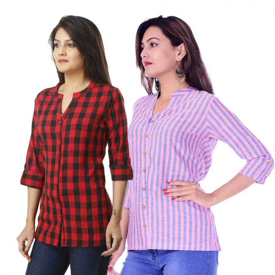ASMANII COMBO PACK OF 2 RED CHECK & PINK BLUE STRIPED COTTON SHIRTS JAIPUR