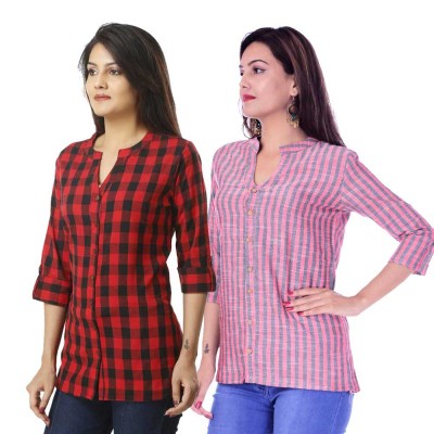 ASMANII COMBO PACK OF 2 RED CHECK & RED GREY STRIPED COTTON SHIRTS JAIPUR