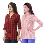 ASMANII COMBO PACK OF 2 RED CHECK & YELLOW PURPLE STRIPED COTTON SHIRTS JAIPUR