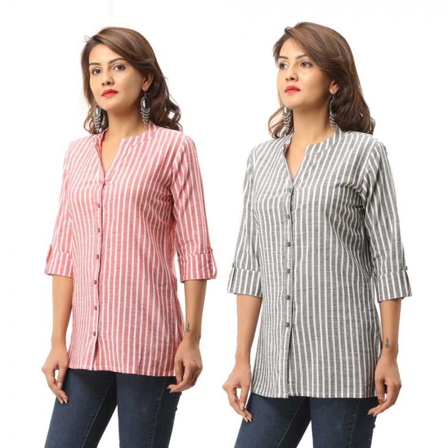 ASMANII COMBO PACK OF 2 RED GREY COTTON CASUAL STRIPED SHIRTS JAIPUR