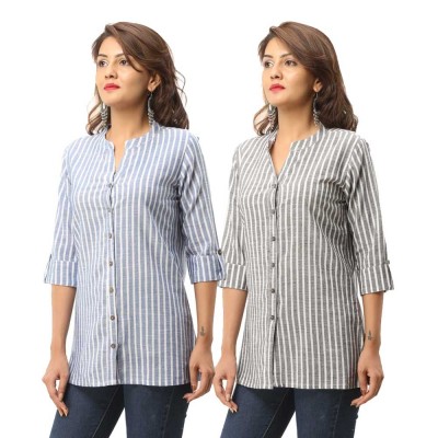 ASMANII COMBO PACK OF 2 BLUE GREY COTTON CASUAL STRIPED SHIRTS JAIPUR