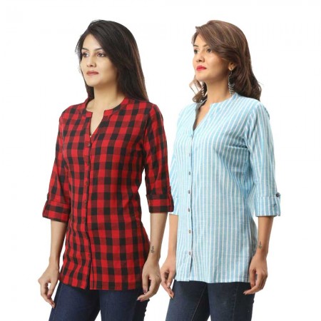 ASMANII COMBO PACK OF 2 RED CHECK & LIGHT BLUE STRIPED COTTON SHIRTS JAIPUR