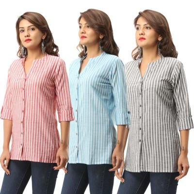 ASMANII COMBO PACK OF 3 RED LIGHT BLUE GREY COTTON CASUAL STRIPED SHIRTS JAIPUR