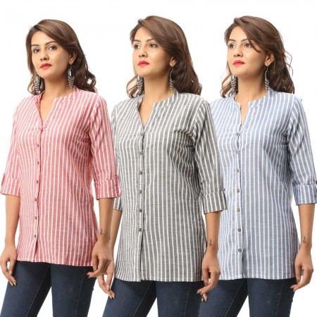 ASMANII COMBO PACK OF 3 RED GREY BLUE COTTON CASUAL STRIPED SHIRTS JAIPUR