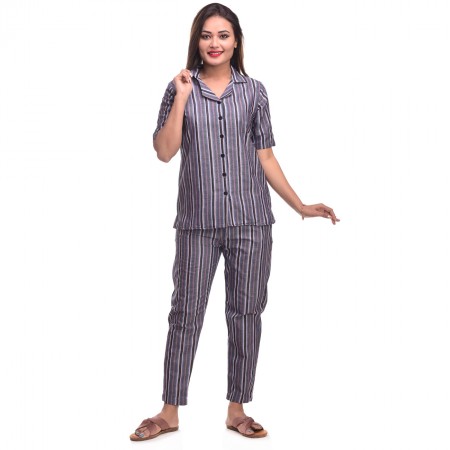 Black Grey Cotton Striped Half Sleeve Shirt & Pyjama Set