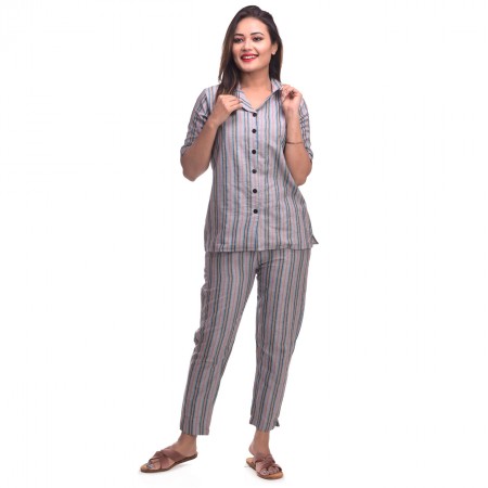 Blue Grey Cotton Striped Half Sleeve Shirt & Pyjama Set