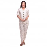 Cream Flower Cotton Printed Half Sleeve Shirt & Pyjama Set
