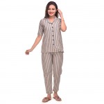 Cream Grey Cotton Striped Half Sleeve Shirt & Pyjama Set