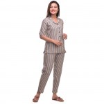 Cream Grey Cotton Striped Half Sleeve Shirt & Pyjama Set