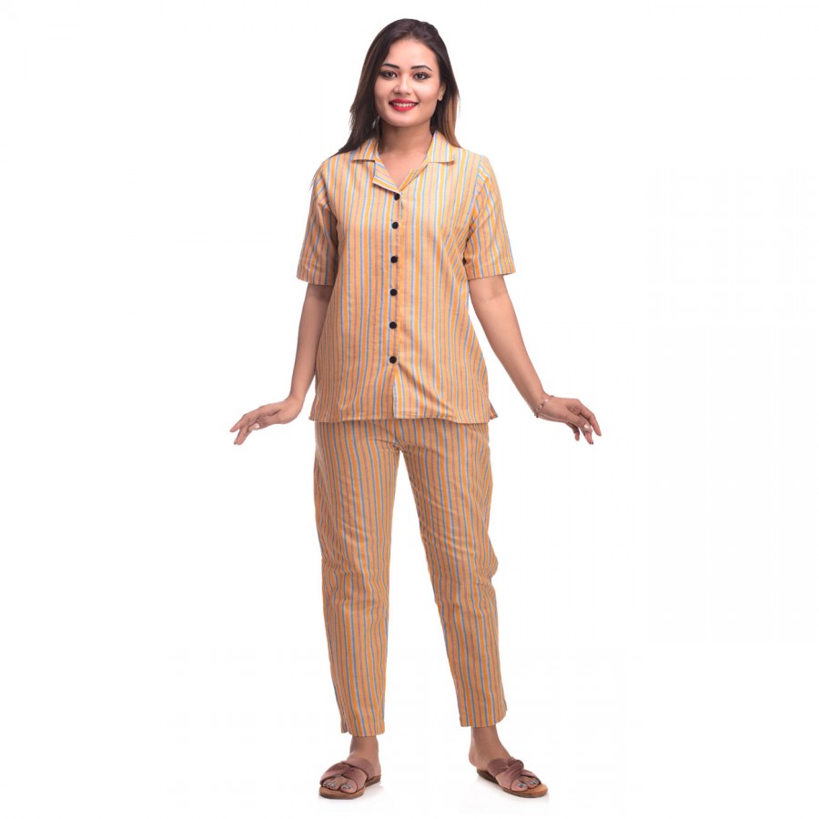 Orange Blue Cotton Striped Half Sleeve Shirt & Pyjama Set