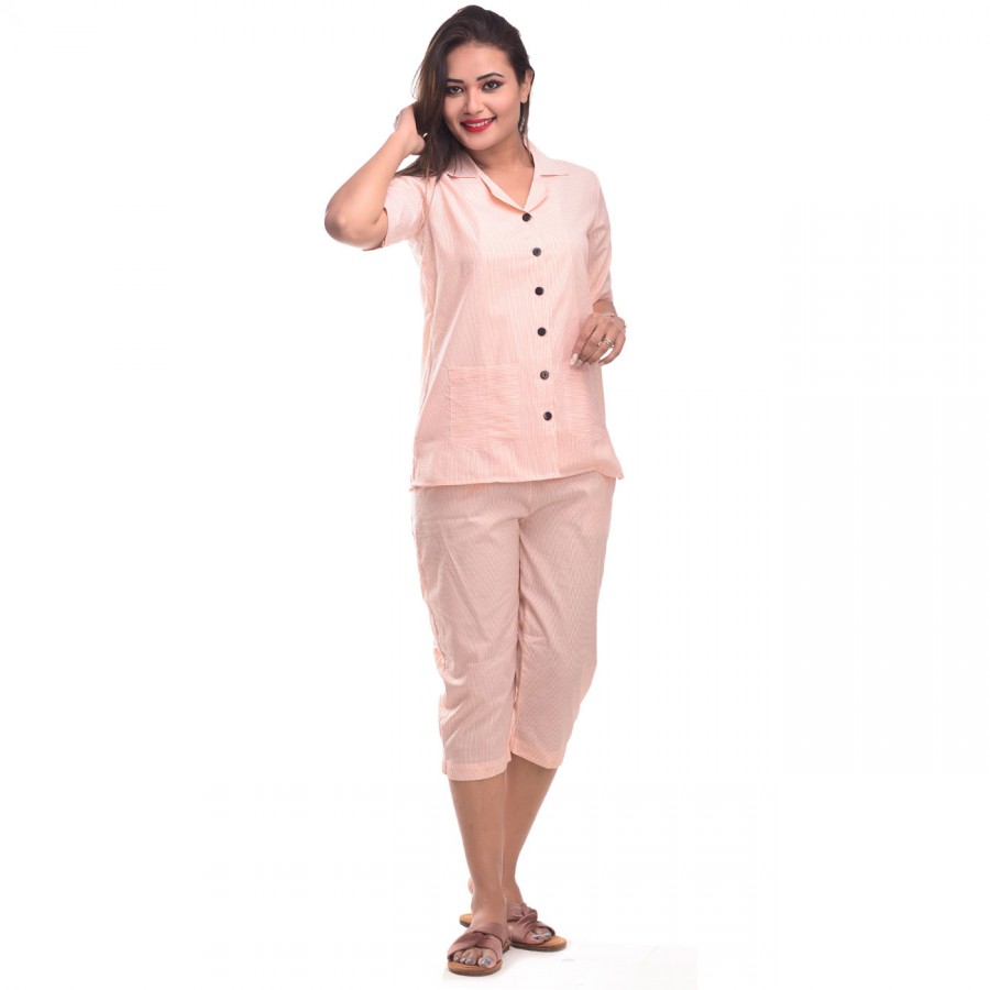 Peach Capri Cotton Half Sleeve Shirt & Pyjama Night Wear Set