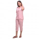 Pink Capri Cotton Half Sleeve Shirt & Pyjama Night Wear Set