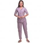 Pink Blue Cotton Striped Half Sleeve Shirt & Pyjama Set
