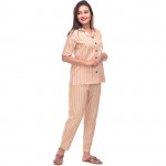 Pink Brown Cotton Striped Half Sleeve Shirt & Pyjama Set