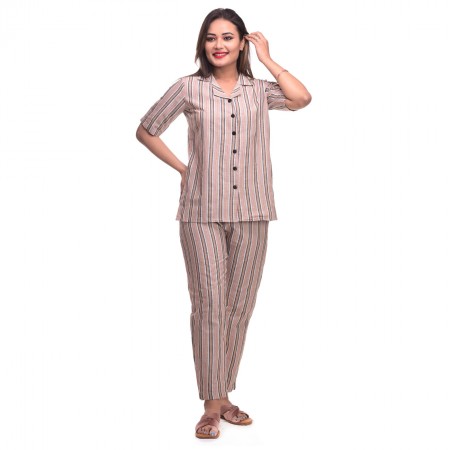 Pink Grey Cotton Striped Half Sleeve Shirt & Pyjama Set