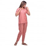 Pink Red Cotton Striped Half Sleeve Shirt & Pyjama Set