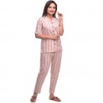 Pink White Cotton Striped Half Sleeve Shirt & Pyjama Set