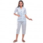 Sky Blue Capri Cotton Half Sleeve Shirt & Pyjama Night Wear Set