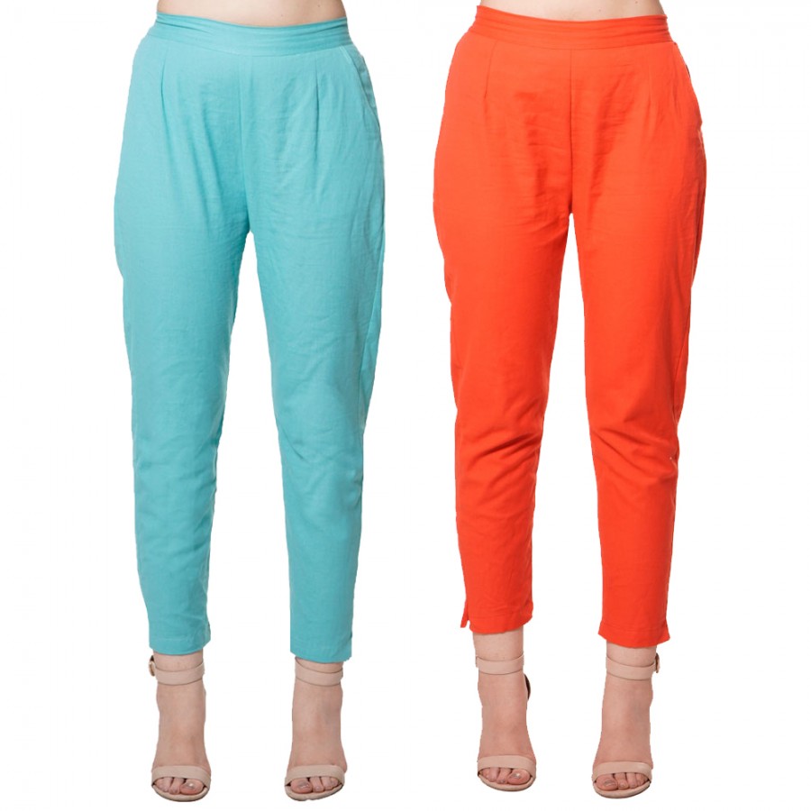 COMBO PACK CYAN RED  COTTON FLEX CASUAL PANTS JAIPUR