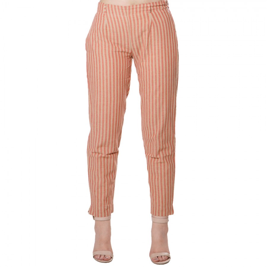 RED BROWN STRIPED COTTON PANT FOR WOMEN JAIPUR